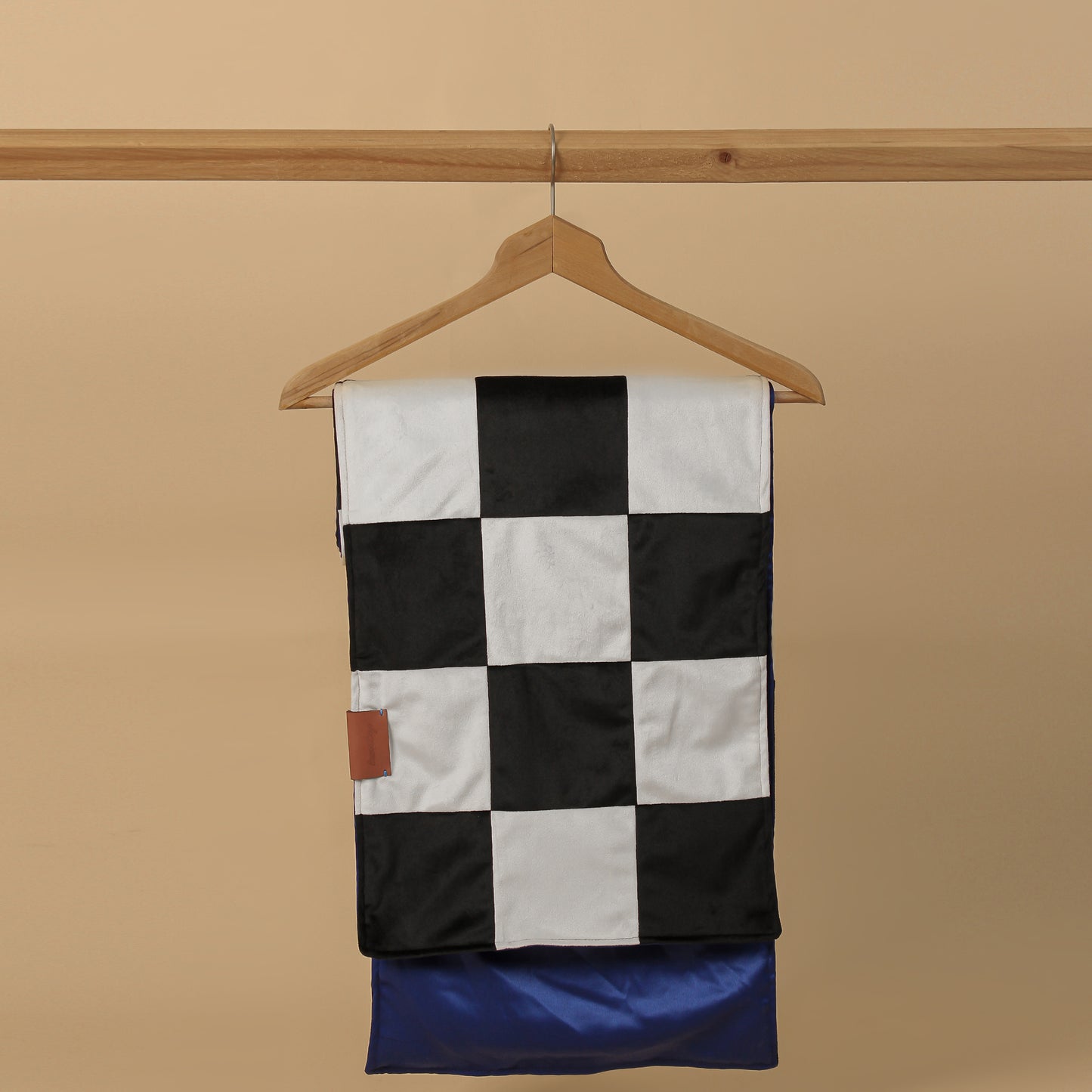 Checkered Velvet Scarf, Blue Satin Lining - LABOGA