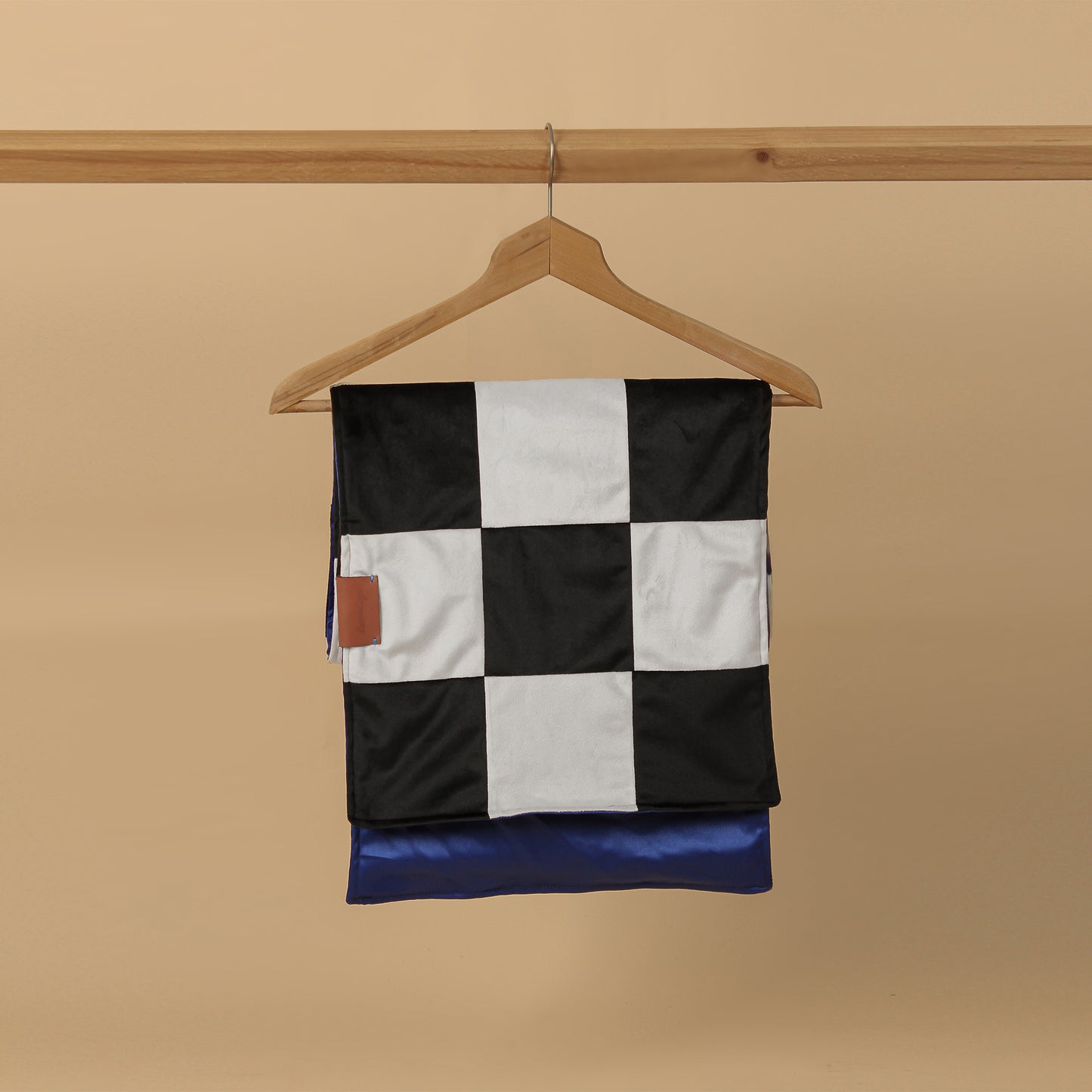 Checkered Velvet Scarf, Blue Satin Lining - LABOGA