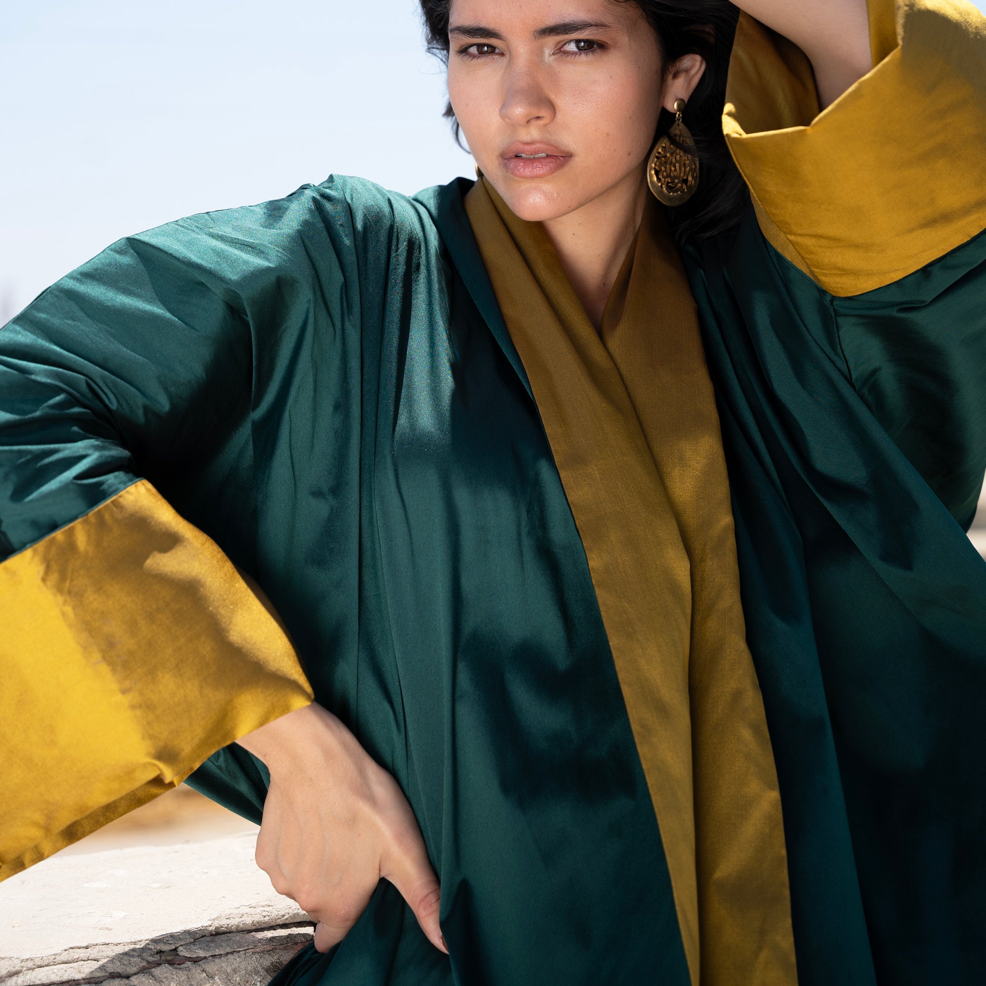 Amal Overcoat, Emerald Green with Mustard - LABOGA