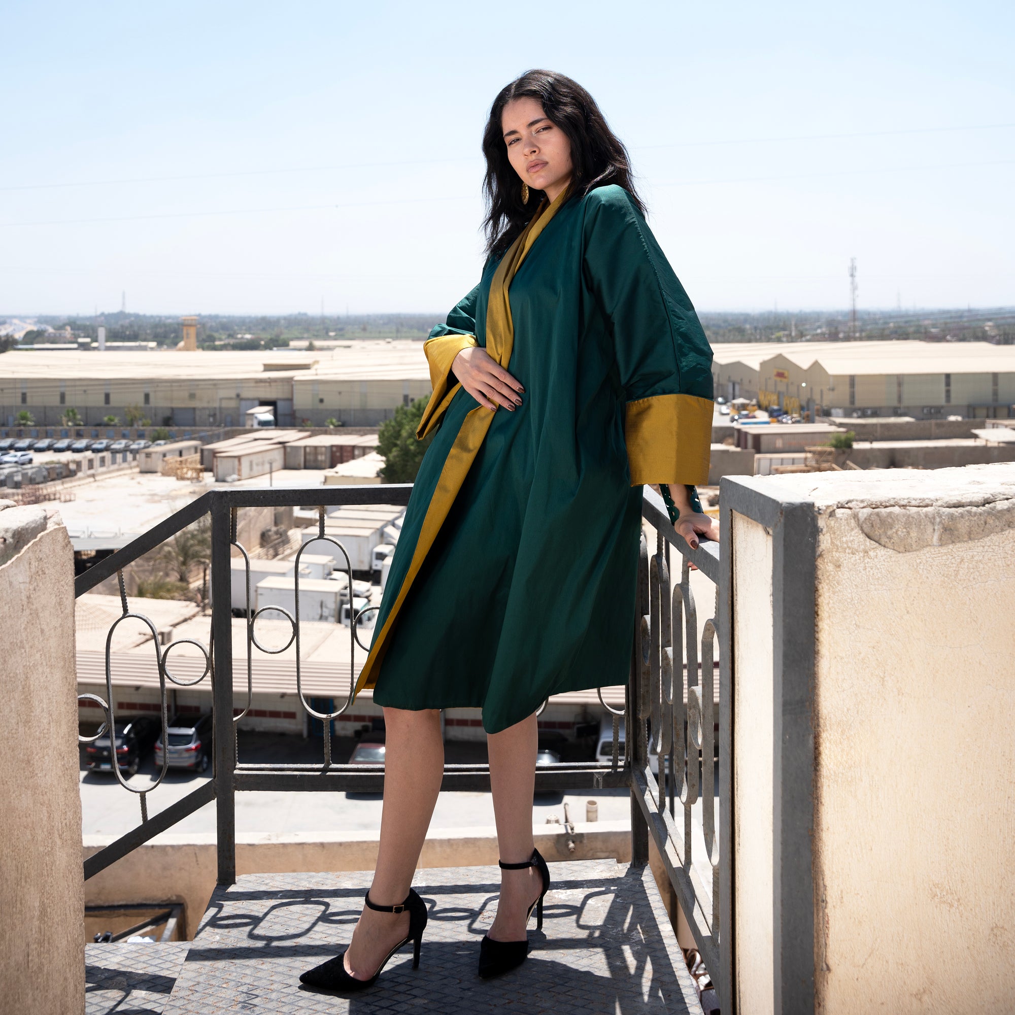 Amal Overcoat, Emerald Green with Mustard - LABOGA