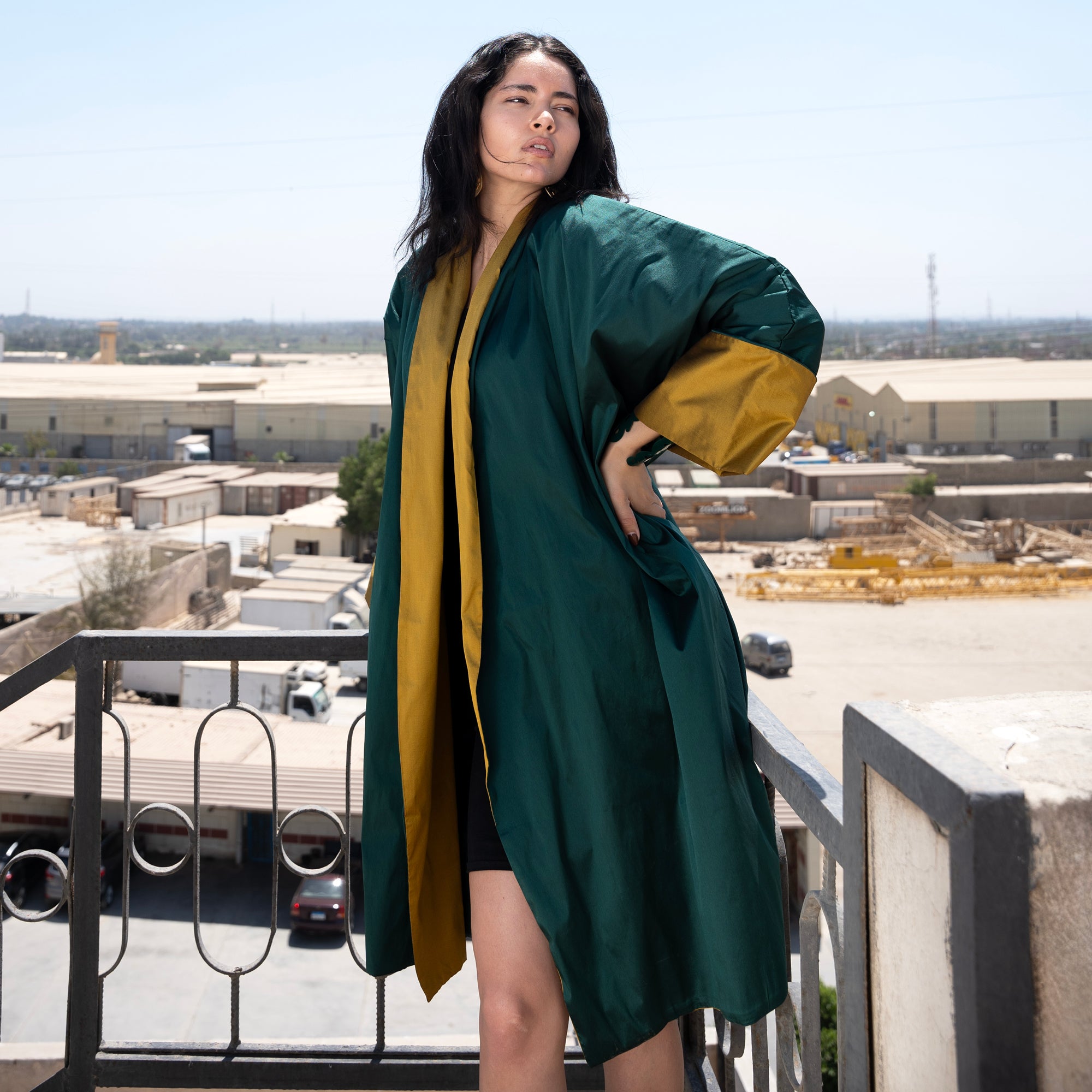 Amal Overcoat, Emerald Green with Mustard - LABOGA