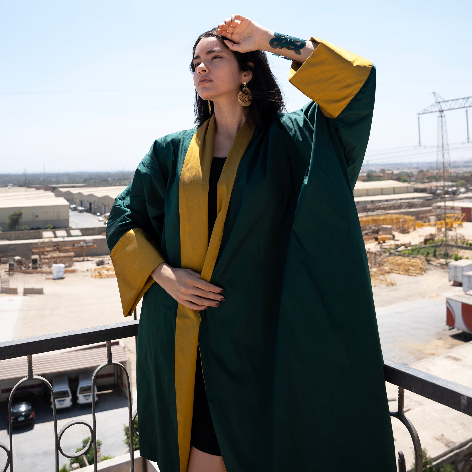 Amal Overcoat, Emerald Green with Mustard - LABOGA