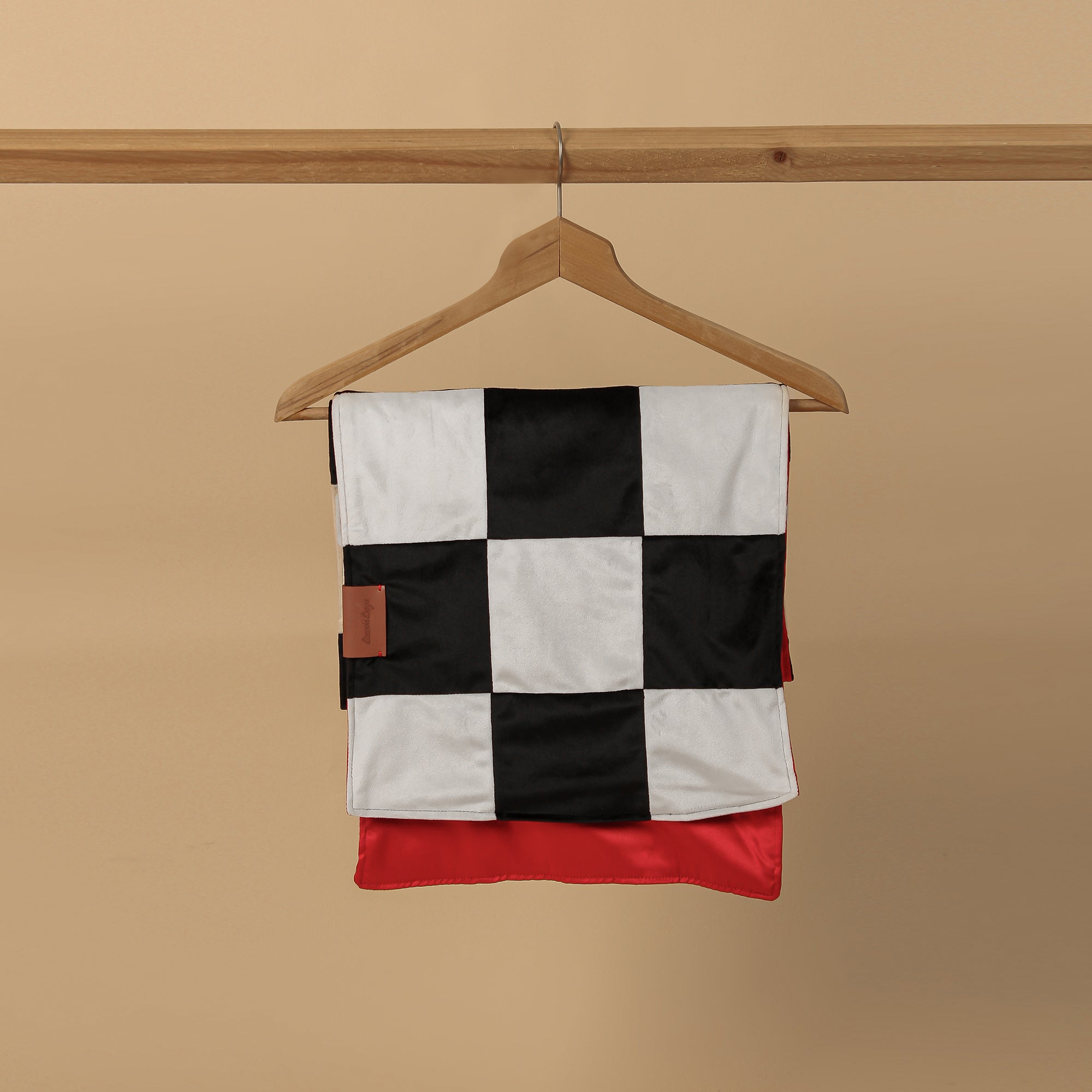 Checkered Velvet Scarf, Red Satin Lining - LABOGA