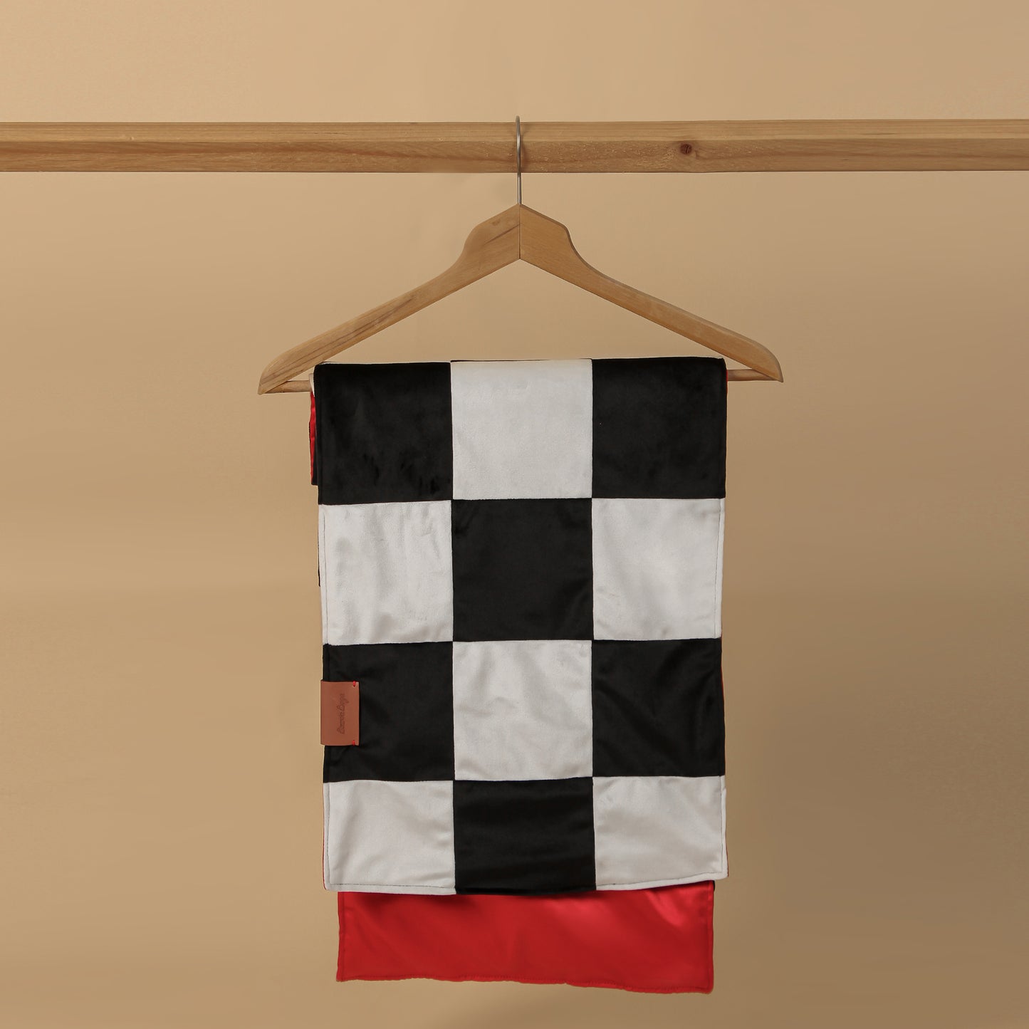 Checkered Velvet Scarf, Red Satin Lining