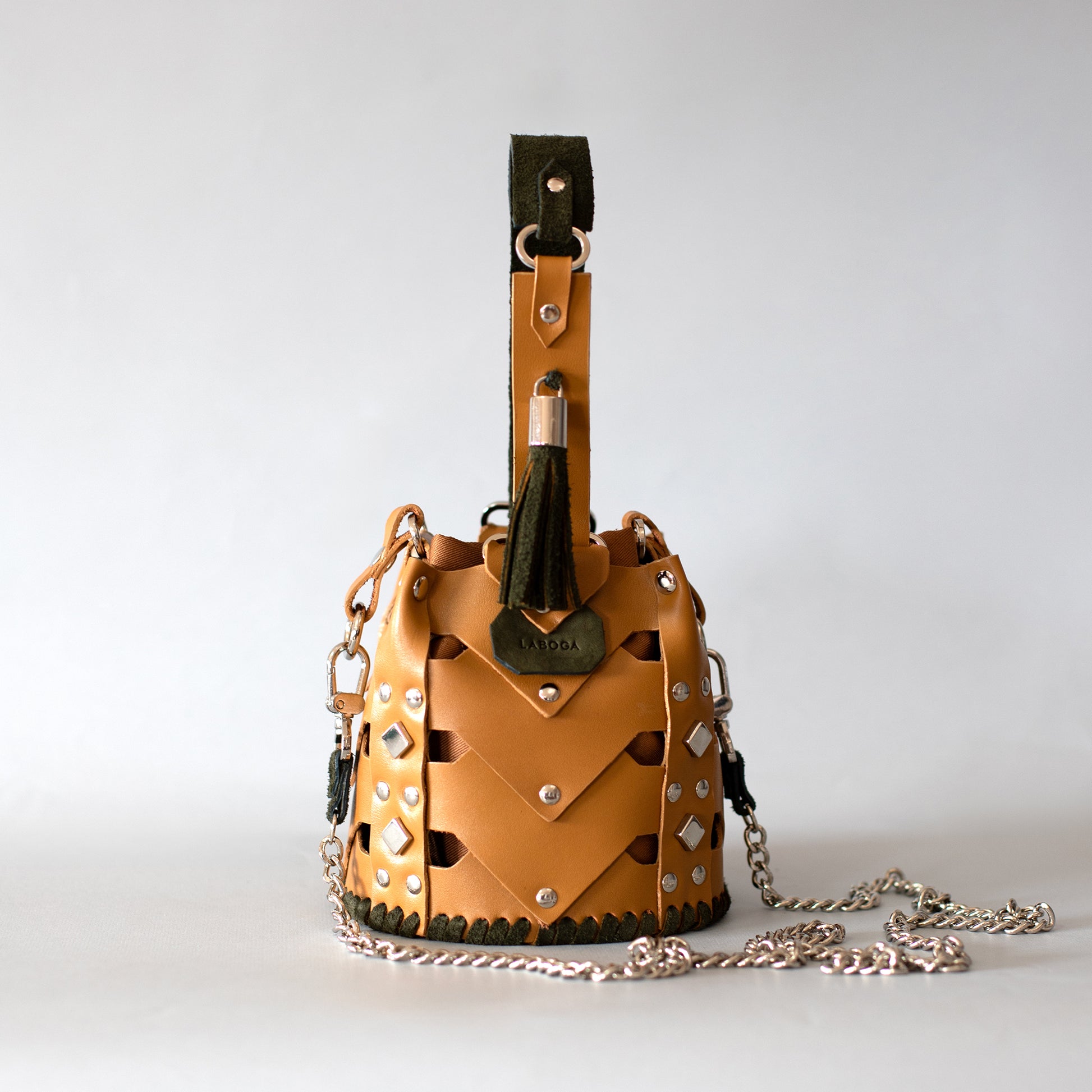 Vertebrae Mini , Camel Smooth Leather on Olive Suede - LABOGA