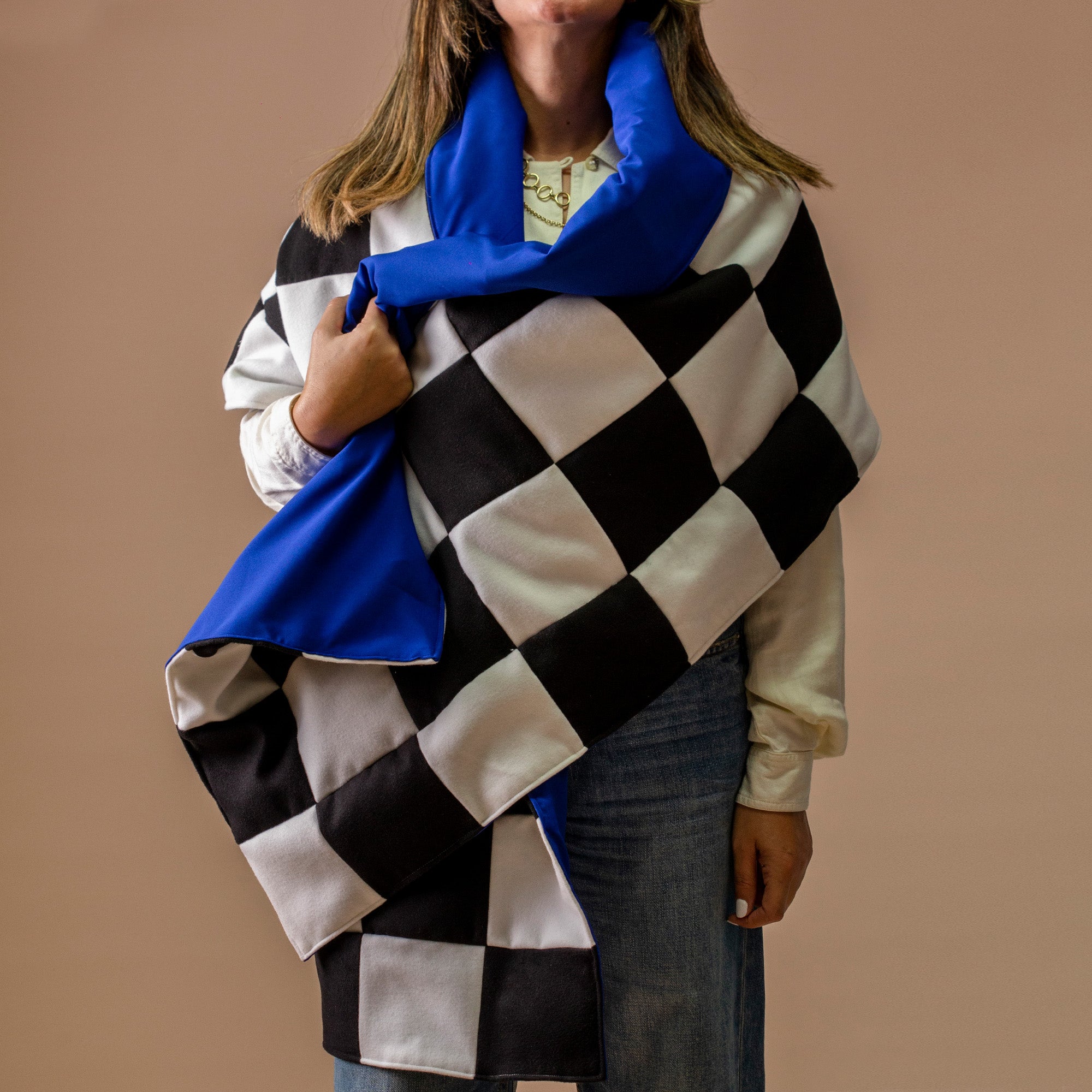 Checkered Wool Wrap, Blue Lining