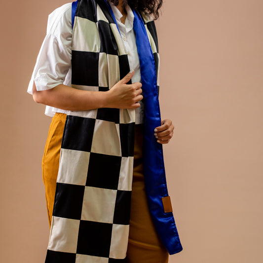 Checkered Velvet Scarf, Blue Satin Lining
