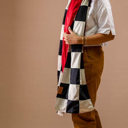 Checkered Velvet Scarf, Red Satin Lining